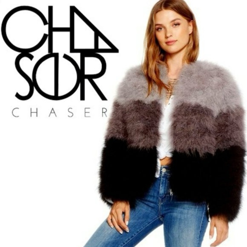 Chaser Gray and Black Faux Fur Jacket